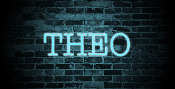 first name Theo in blue neon on brick wall