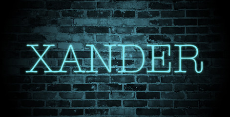 first name Xander in blue neon on brick wall