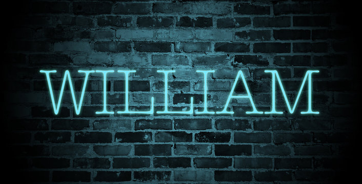 first name William in blue neon on brick wall