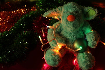Teddy bear Christmas tree balls, lights and garlands