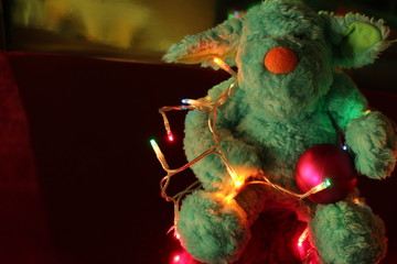 Teddy bear Christmas tree balls, lights and garlands