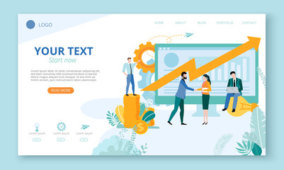 Landing page for site or web page template for business projects, IT with people, computer, money and space for text on white background.
