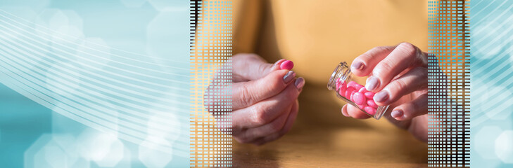 Female hands taking medication, hard light. panoramic banner