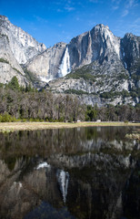 Fototapeta na wymiar Yosemite Falls reflected in the Merced River Yosemite National Park