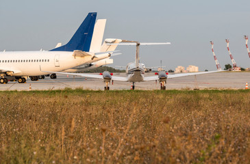 Airplanes in detail at the airport.