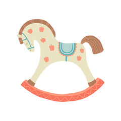 Cute rocking horse. Kids First Toys. Baby shower design element. Cartoon vector hand drawn eps 10 illustration isolated on white background.