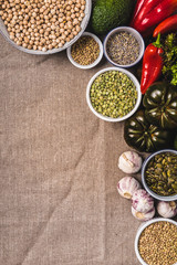 vegetarian cooking ingredients with vegetables and legumes.