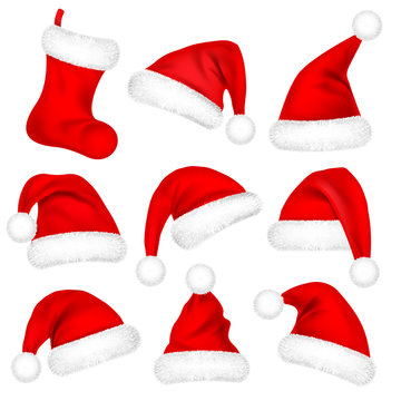 Christmas Santa Claus Hats With Fur Set, Sock. New Year Red Hat Isolated on White Background. Winter Cap. Vector illustration.