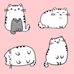 Set of four kawaii cute fat white cats in different poses. Vector anime style illustration with letterings isolated on a pink background