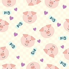 Seamless Cartoon Texture with pig and heart (can be used as textile printing). Vector illustration. Cartoon animal head icon. Funny character.