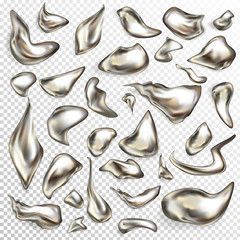 Various shape liquid metal drops 3d realistic vector set isolated on transparent background. Different form and size shiny silver fluid, molted aluminum, metallic paint blobs design element collection