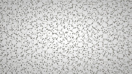 3D illustration of a graphene grid, a carbon molecule disintegrated into a set of chaotic elements, nodes. Chaos of chemical compound. 3D rendering on white background