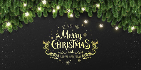 Gold Merry Christmas Typographical on black background with tree branches, light garland, stars, pine cones. Xmas and New Year theme. Vector Illustration © Jukov studio