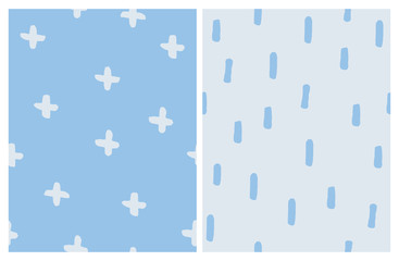 Set of 2 Cute Abstract Vector Patterns. Stripes and Cross Sign on a Blue Background. Simple Hand Drawn Geometric Design. Funny Infantile Style Layouts. Pastel Colors Art.