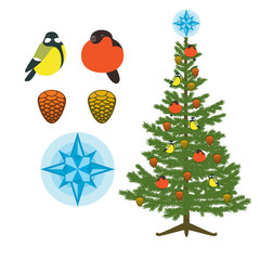 Christmas fir-tree with bullfinches, tomtits and cones as decor and Christmas star on the top