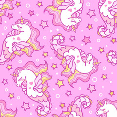 Fototapeta na wymiar Seamless pattern with sea horses on a pink background. Unicorn. For the design of fabrics, wallpapers and so on. Vector