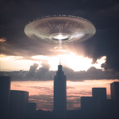 Alien spacecraft flying over building at sunset. Image concept of alien invasion. © ktsdesign