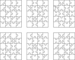 Vector illustration of six different white puzzles, separate pieces