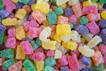 Assorted Gummy Colorful Of Sugar Candies. Background Or Texture Top View Jelly Sweets.