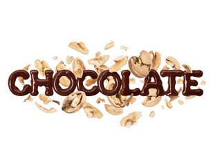 The word chocolate with walnuts on a white background