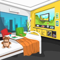 Clean Inpatient Rehab Room Hospital with single bed, TV, sofa, AC and Yellow Wall Decoration for Cartoon Vector Illustration Ideas