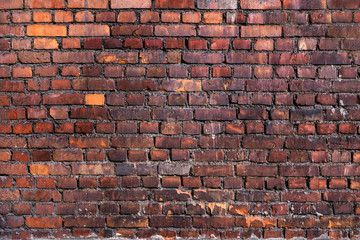 Background or Brickwork Texture Of Old Vintage Dirty Red Or Brown Brick Wall, Texture. Shabby Building Facade, Abstract Web Banner. Copy Space.