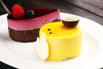 Delicious raspberry cake with fresh raspberries, blueberry and lemon cake.  confiserie cake cuisine.