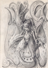 Fototapeta na wymiar Fantastic ladys-butterflies. Thematic drawing in pencil. Winged woman in the form of an insect lives on plants. Graphic illustration in art Nouveau style. Wonderful metamorphoses.
