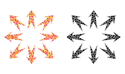 Pixel expand arrows mosaic icons. Vector expand arrows icons in bright and black versions. Collages of different round elements. Vector concepts of expand arrows icons created of random round dots.