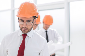 close up.engineer Builder in a protective helmet