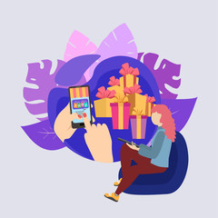 Women shopping online by smartphone. Concept online shopping. Vector illustration