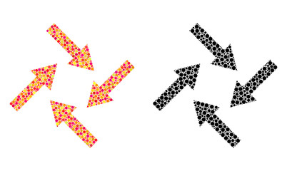 Dot centripetal arrows mosaic icons. Vector centripetal arrows pictograms in colorful and black versions. Collages of irregular spheric spots.