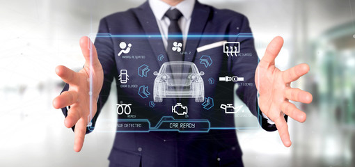 Man holding a Dashboard smartcar interface dashboard 3d rendering