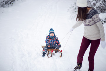 Fototapeta na wymiar Mother and son having fun in wintertime, enjoy snow, sledge slides on slope