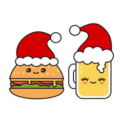 cute and funny vector christmas cartoon glass of fresh beer and hamburger wearing Santa's hat 