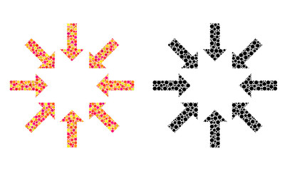 Dotted collapse arrows mosaic icons. Vector collapse arrows icons in multi-colored and black versions. Collages of irregular circle spots.