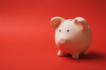 Close up photo of pink piggy money bank isolated on bright red wall background. Money accumulation, investment, banking or business services, wealth concept. Copy space advertising mock up.