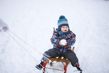 Fototapeta na wymiar Happy boy on the sled at winter day