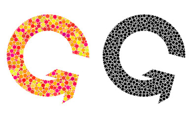 Pixel rotate ccw mosaic icons. Vector rotate ccw icons in multi-colored and black versions. Collages of arbitrary spheric dots. Vector mosaics of rotate ccw images designed of arbitrary dots.