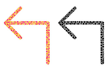 Dotted turn left mosaic icons. Vector turn left icons in bright and black versions. Collages of arbitrary circle elements.