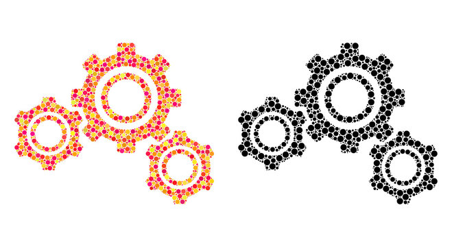 Pixel gears mosaic icons. Vector gears icons in multi-colored and black versions. Collages of different round spots. Vector concepts of gears icons designed of casual round elements.