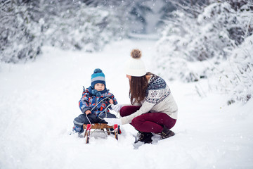 Fototapeta na wymiar Mother and son having fun in wintertime, enjoy snow, sledge slides on slope
