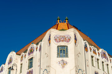 the close-up on the detail of architecture in Kecskemet in Hungary