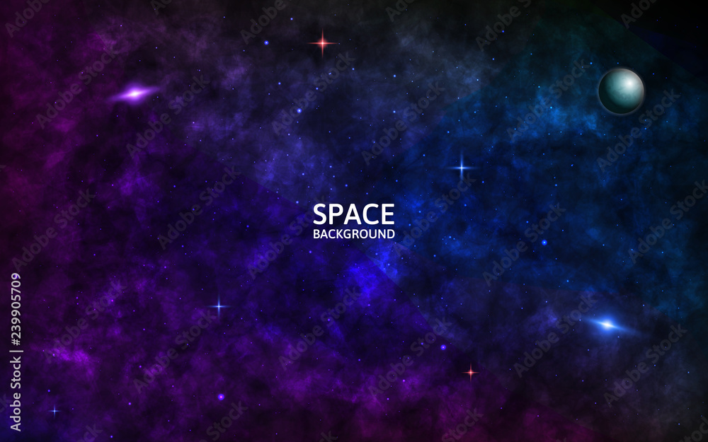 Wall mural space background with galaxy, shining stars and planet. realistic cosmos with stardust and colorful 