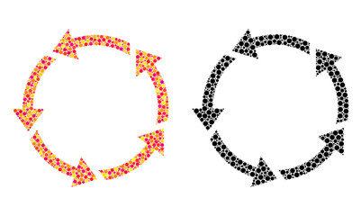 Dot rotation mosaic icons. Vector rotation icons in bright and black versions. Collages of variable round spots. Vector mosaics of rotation icons done of variable spots.