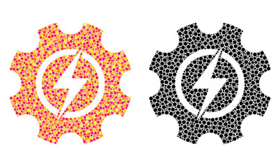 Dot electric power cog gear mosaic icons. Vector electric power cog gear icons in bright and black versions. Collages of irregular circle spots.