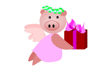 Year of the Pig and New Year 2019 and Chinese New Year. Flat illustration for decoration. Colorful cute cartoon character  on  background isolated.