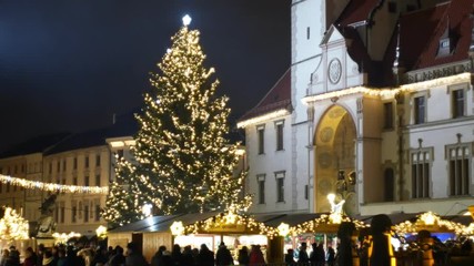 Christmas tree luminous and shines beautiful decorated with golden ornaments and flasks, historical architectural city Olomouc with Gothic town hall with astronomical clock in square