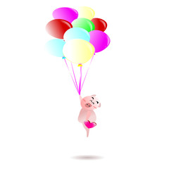 Cute animal cartoon character and colorful balloon and heart  concept  of love for Valentine's Day. Year of the Pig and New Year 2019 and Chinese New Year.  Flat illustration for decoration.
