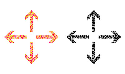 Dot expand arrows mosaic icons. Vector expand arrows pictograms in multi-colored and black versions. Collages of randomized round dots.